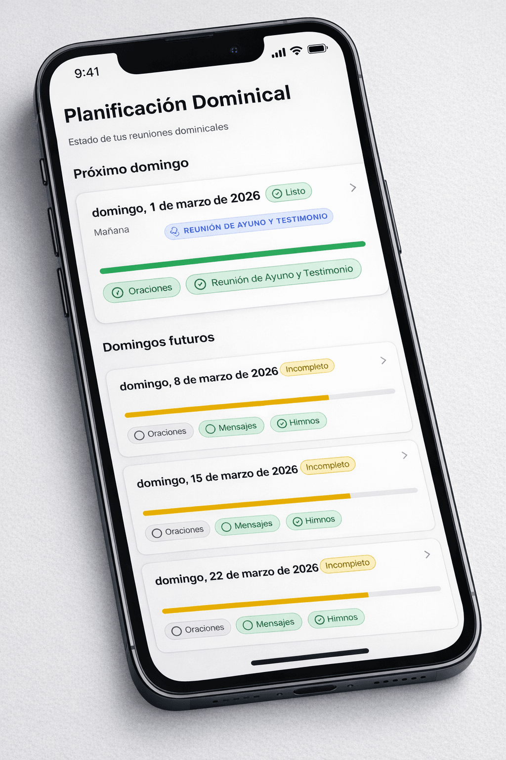 Vista previa de LDS Planner mostrando la organización de reuniones